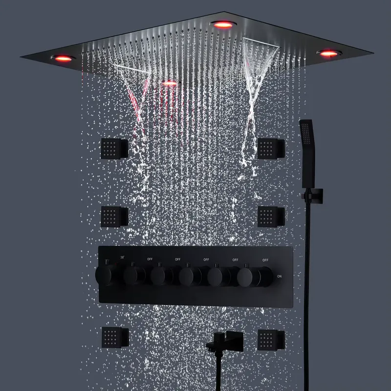 Shower Head Rain - طقم دش أسود مع خلاط حراري،