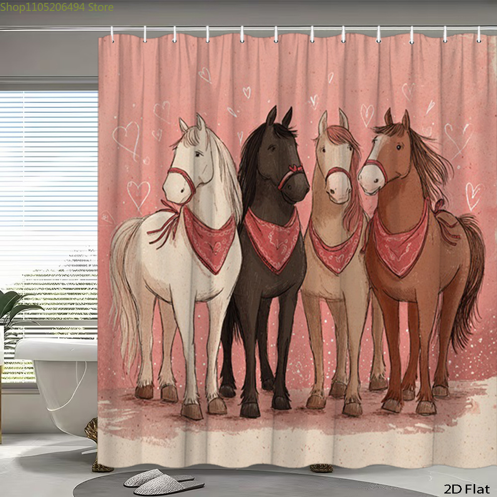 Home Decor Bathroom Ideas - ستارة حمام بتصميم خيول لطيفة، تصميم